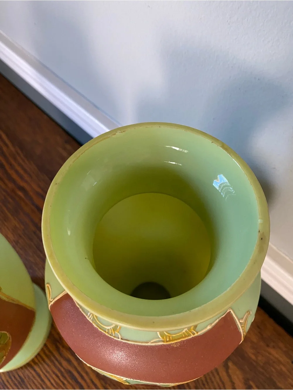 Early 20th Century French Mint Green Art Glass Vases Hand Painted Raised Gilt